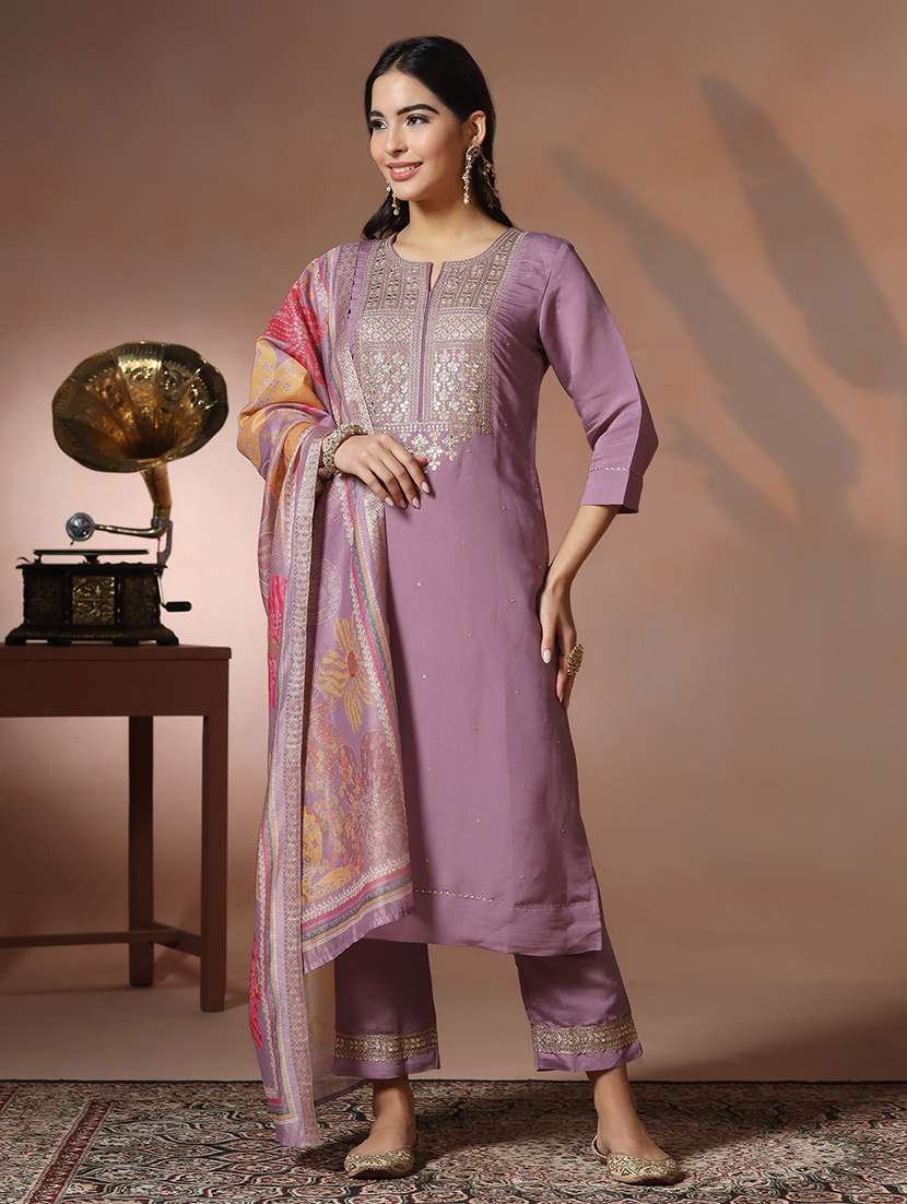 women solid with work three quarter sleeve kurta pant with dupatta set - 22324173 -  Standard Image - 3