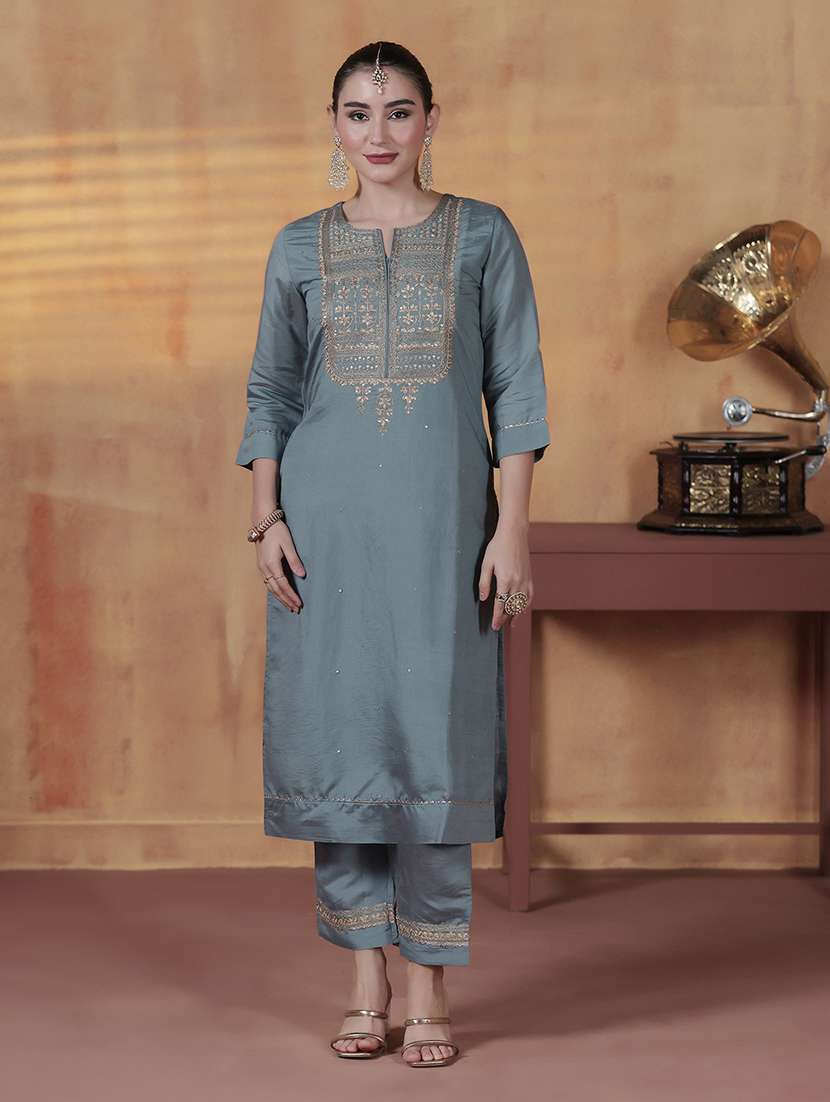 Women Solid With Work Three Quarter Sleeve Kurta Pant With Dupatta Set - 22324174 -  Standard Image - 3