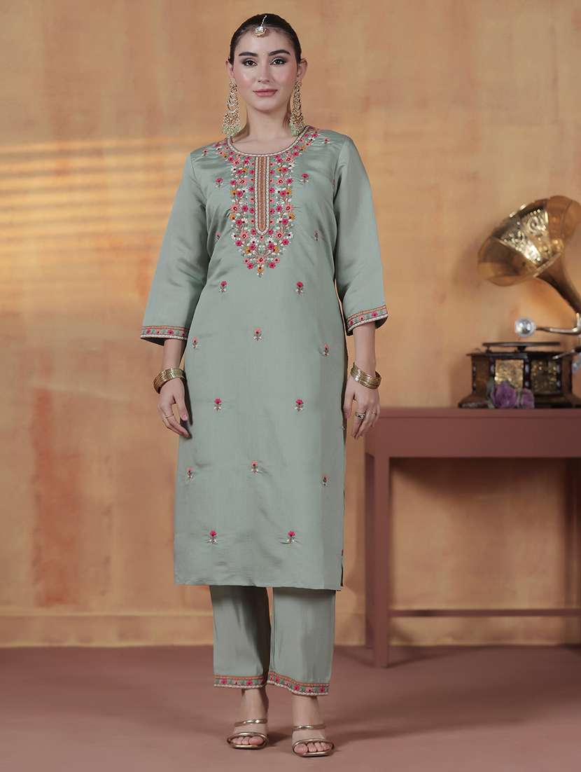 women solid with work three quarter sleeve kurta pant with dupatta set - 22324185 -  Standard Image - 3