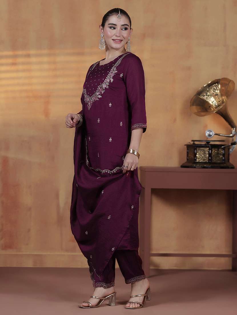 women solid with work three quarter sleeve kurta pant with dupatta set - 22324192 -  Standard Image - 3