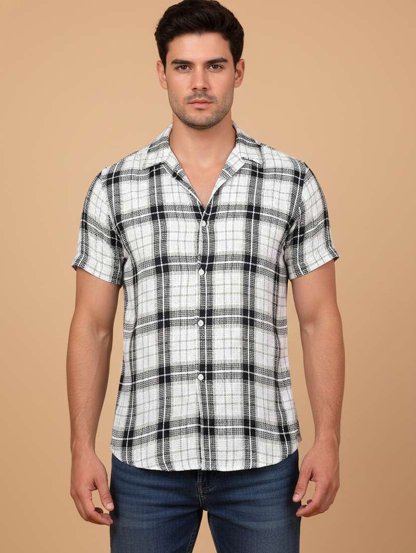 men checkered short sleeve regular fit casual shirt