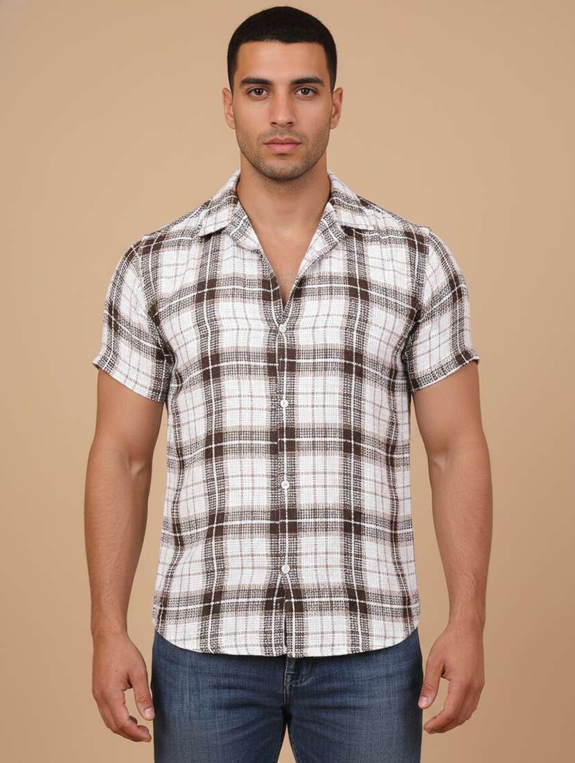 men checkered short sleeve regular fit casual shirt