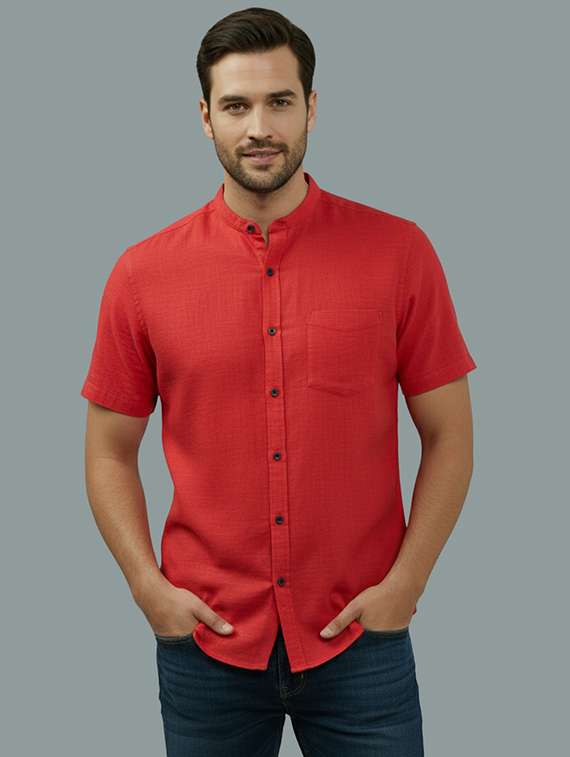 men solid mandarin neck regular fit casual shirt