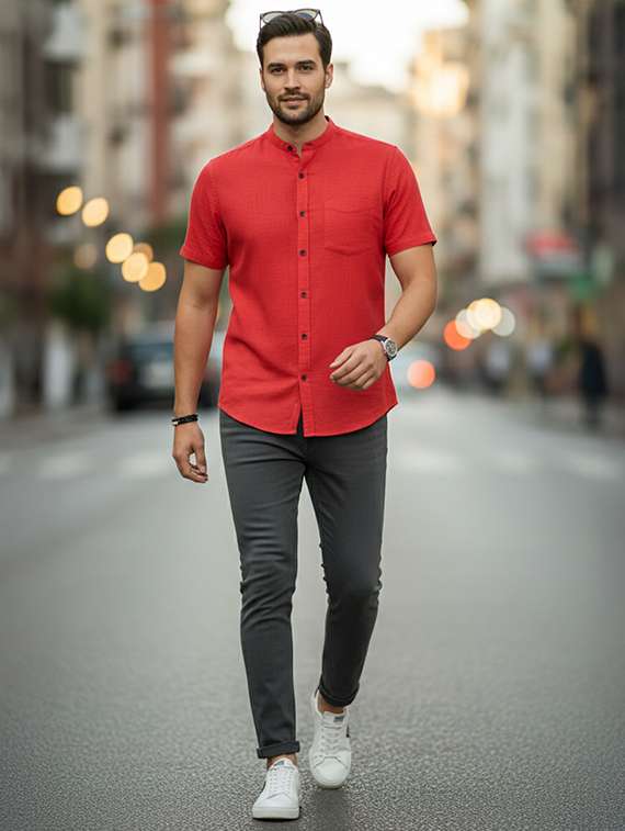 men solid mandarin neck regular fit casual shirt - 22325152 -  Standard Image - 3