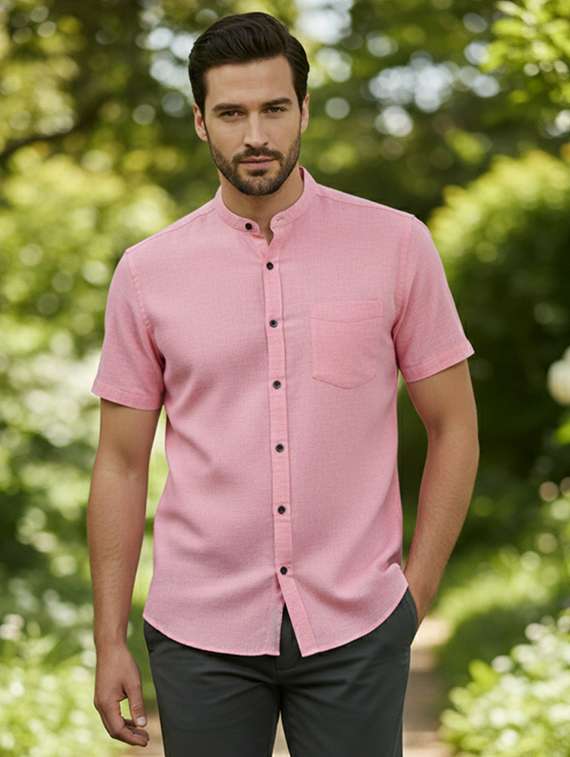 men solid mandarin neck regular fit casual shirt