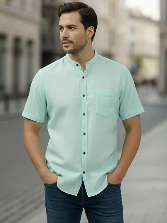 men solid mandarin neck regular fit casual shirt