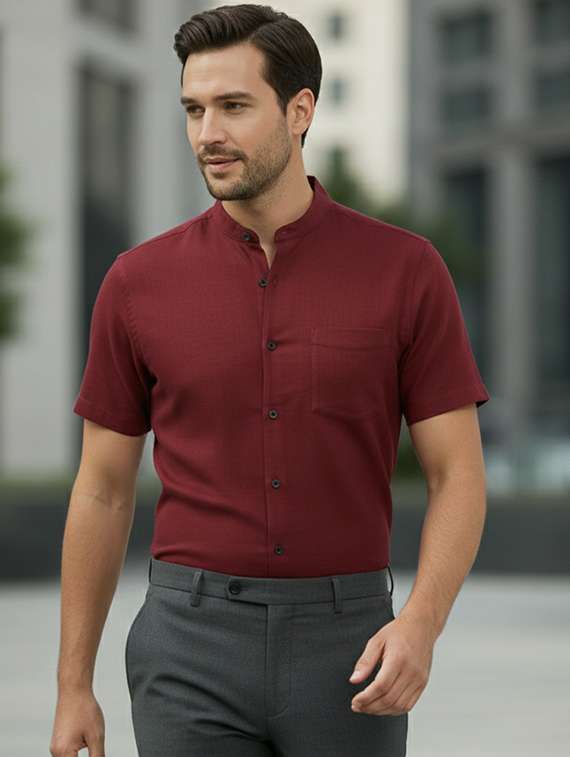 men solid mandarin neck regular fit casual shirt