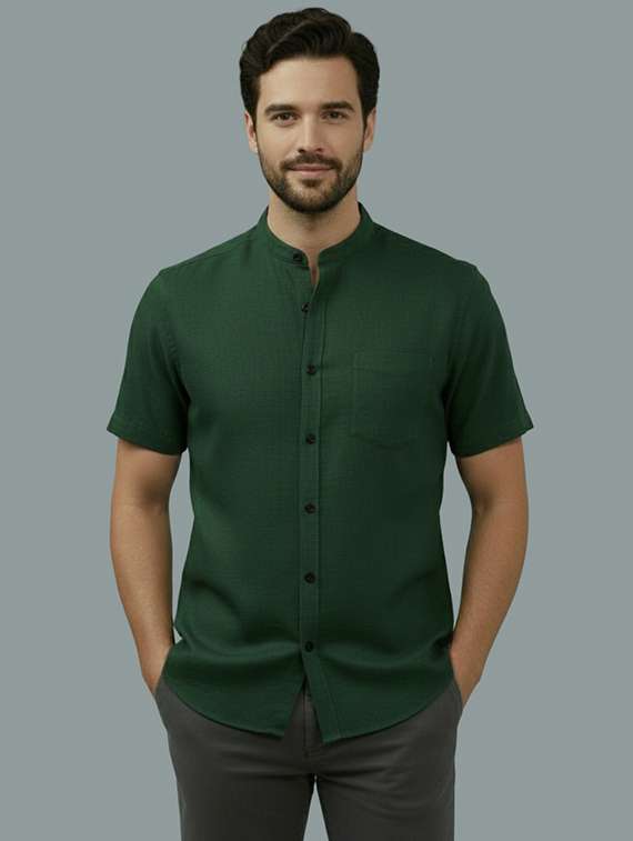 men solid mandarin neck regular fit casual shirt