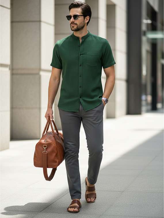 men solid mandarin neck regular fit casual shirt - 22325161 -  Standard Image - 3