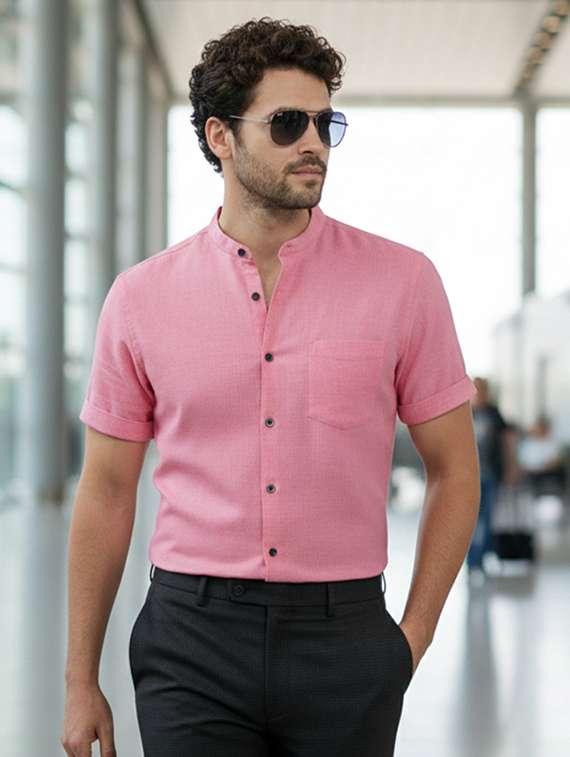 men solid mandarin neck regular fit casual shirt