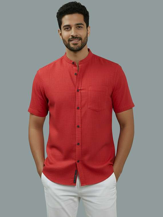 men solid mandarin neck regular fit casual shirt