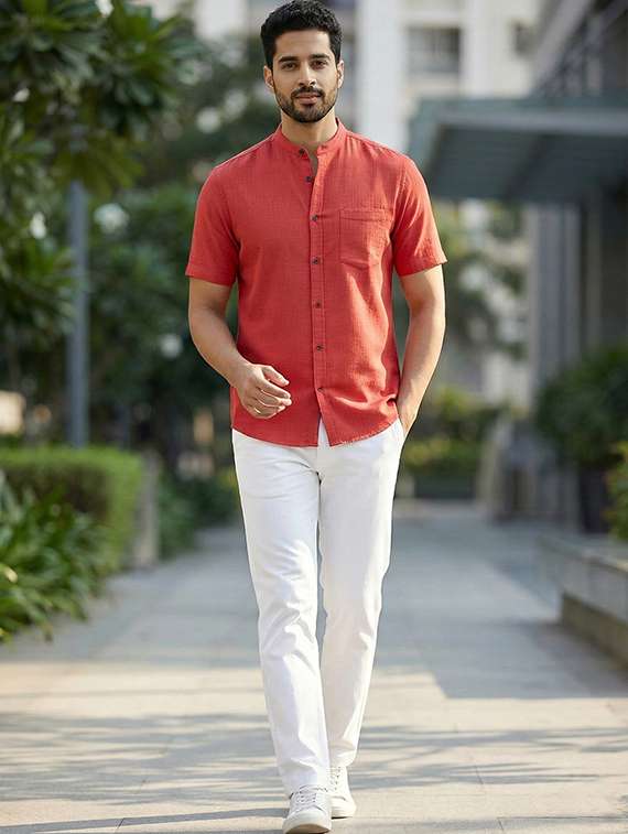 Men Solid Mandarin Neck Regular Fit Casual Shirt - 22325192 -  Standard Image - 3