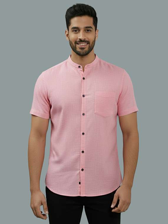 men solid mandarin neck regular fit casual shirt