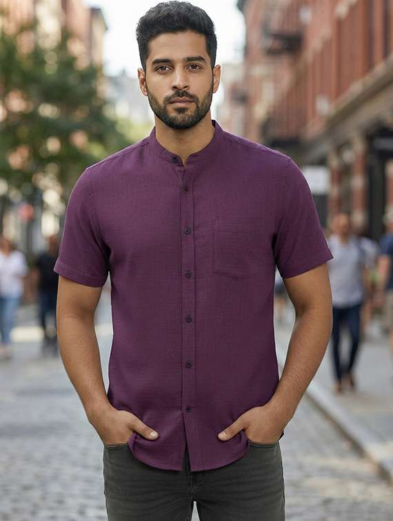 men solid mandarin neck regular fit casual shirt