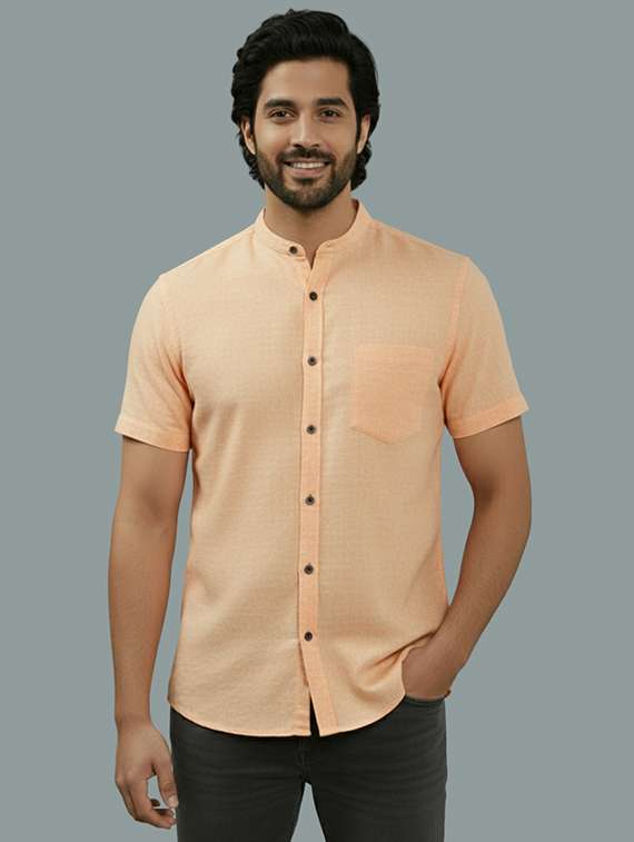 men solid mandarin neck regular fit casual shirt