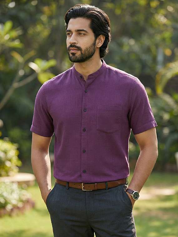 men solid mandarin neck regular fit casual shirt