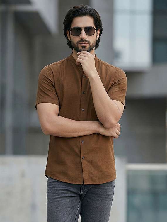 men solid mandarin neck regular fit casual shirt