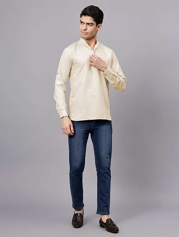 men solid mandarin neck short kurta - 22325227 -  Standard Image - 3
