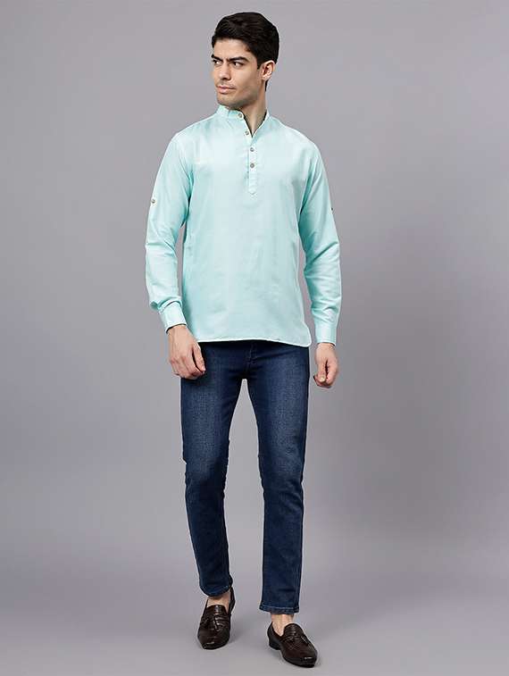men solid mandarin neck short kurta - 22325239 -  Standard Image - 3