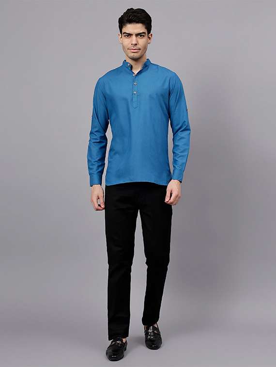 men solid mandarin neck short kurta - 22325242 -  Standard Image - 3