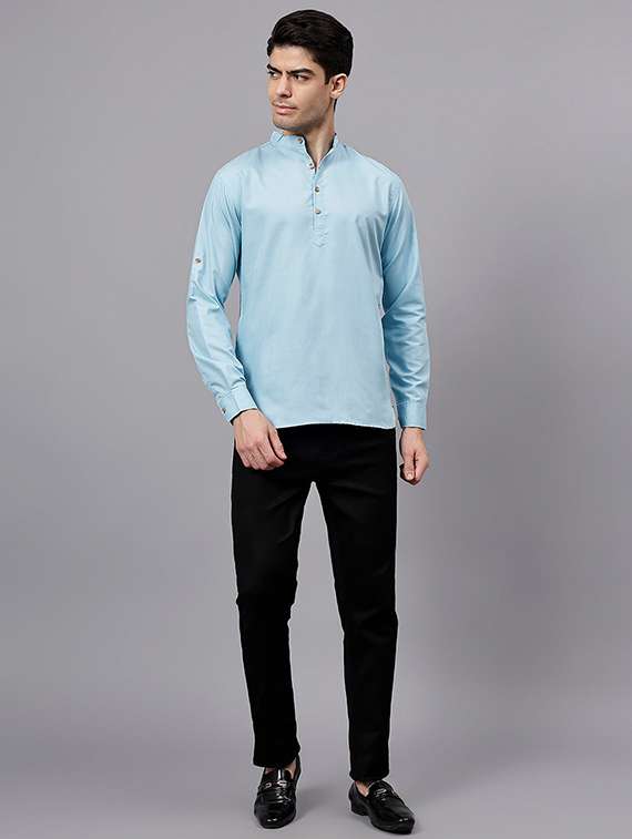 men solid mandarin neck short kurta - 22325243 -  Standard Image - 3