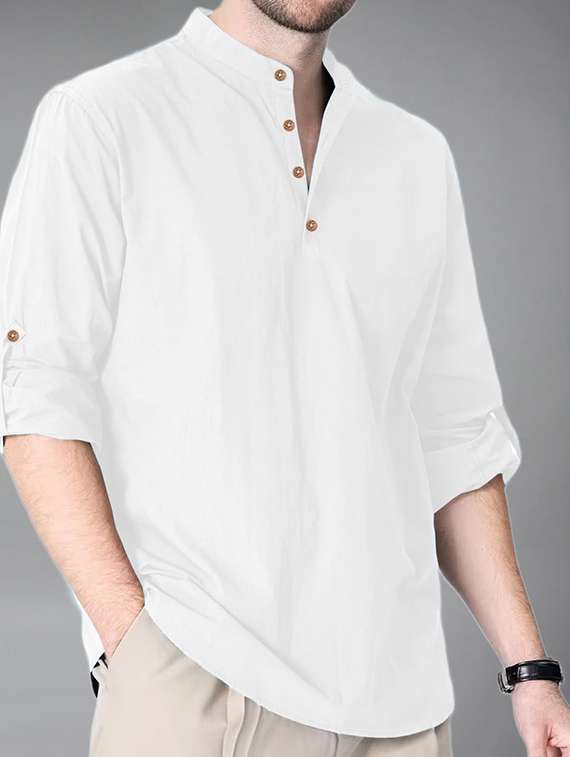 men solid mandarin neck short kurta - 22325248 -  Standard Image - 3