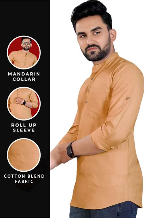 men solid mandarin neck short kurta - 22325290 -  Standard Image - 3