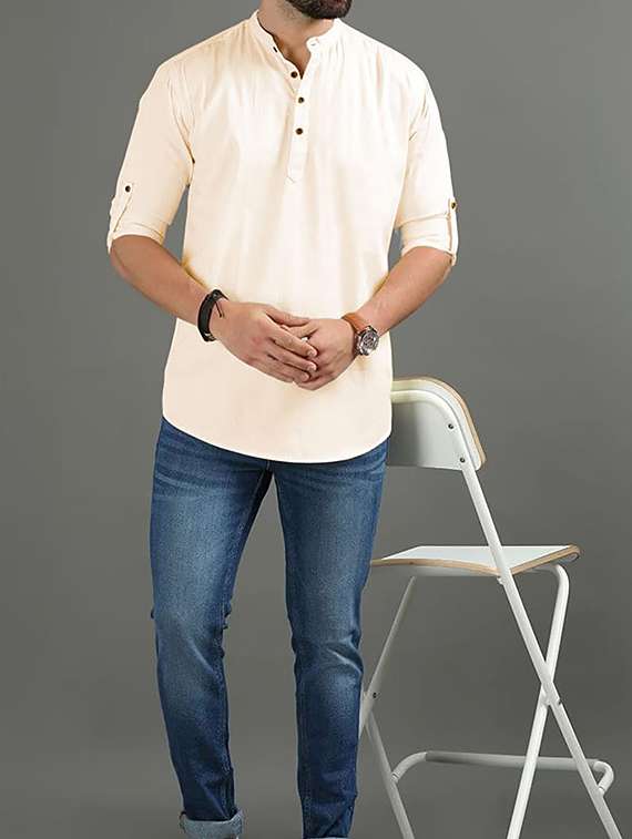 men solid mandarin neck short kurta - 22325401 -  Standard Image - 3