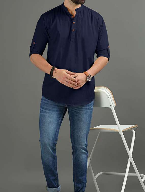 men solid mandarin neck short kurta - 22325407 -  Standard Image - 3