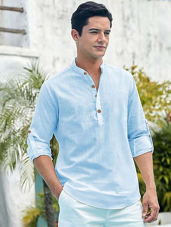 men solid mandarin neck short kurta - 22325429 -  Standard Image - 3