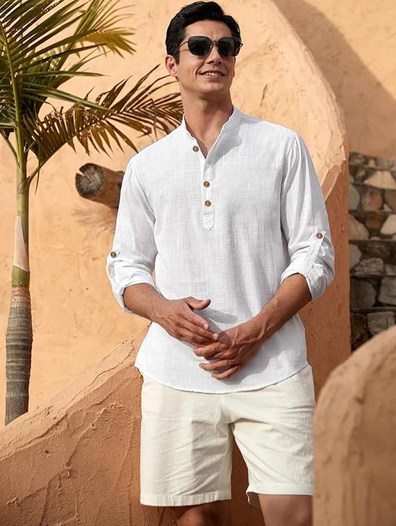 men solid mandarin neck short kurta