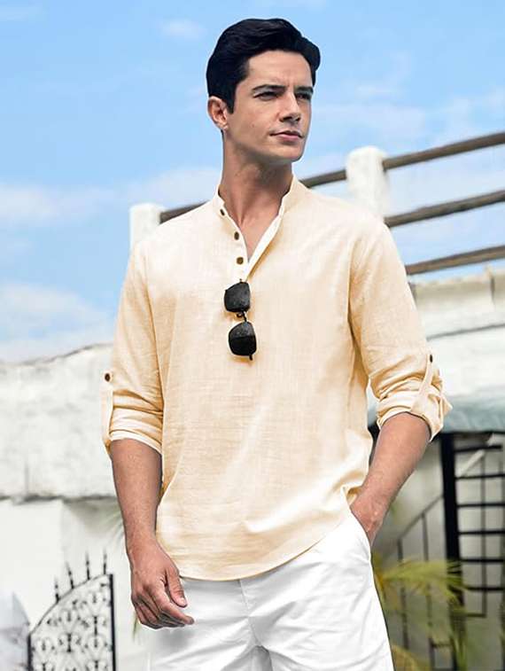 men solid mandarin neck short kurta