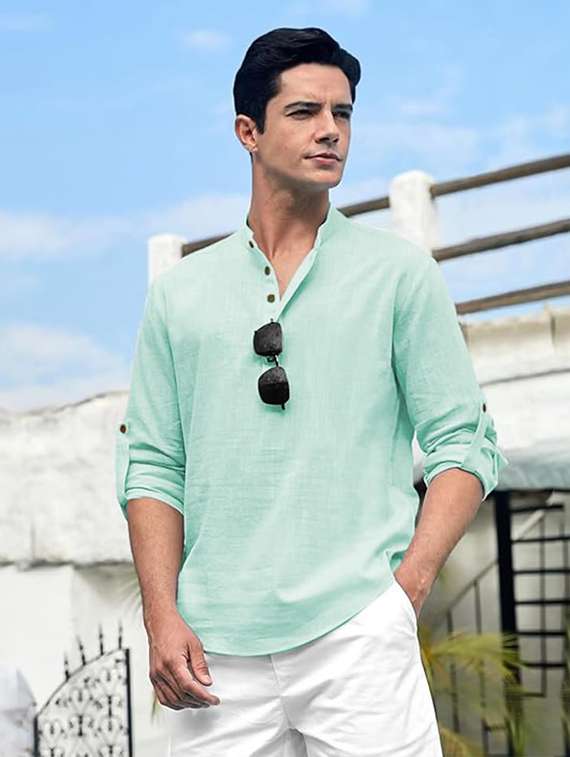 men solid mandarin neck short kurta