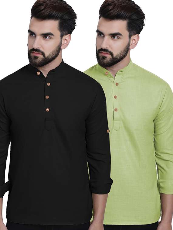 men pack of 2 solid mandarin neck short kurta