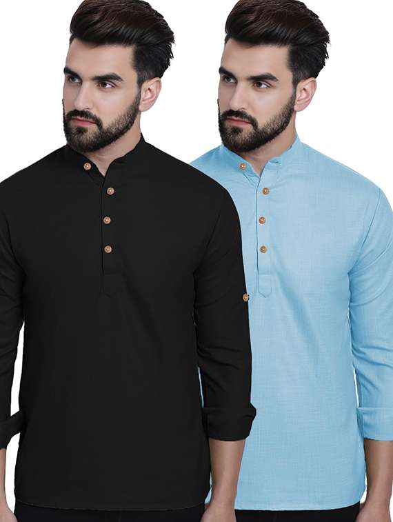 men pack of 2 solid mandarin neck short kurta