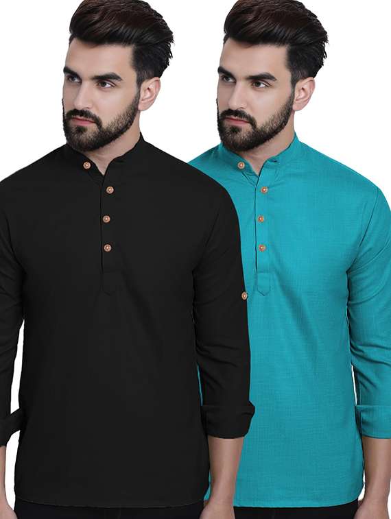 men pack of 2 solid mandarin neck short kurta