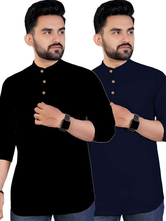 men pack of 2 solid mandarin neck short kurta