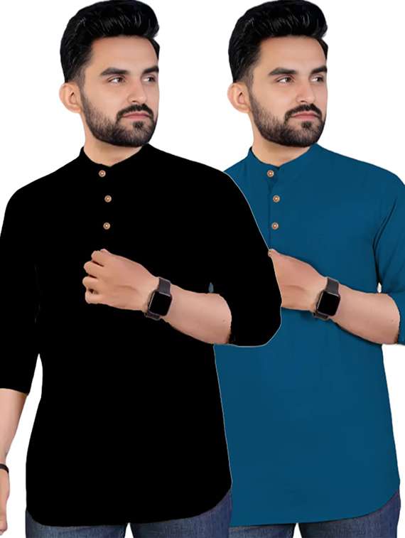 men pack of 2 solid mandarin neck short kurta