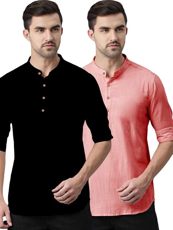 men pack of 2 solid mandarin neck short kurta