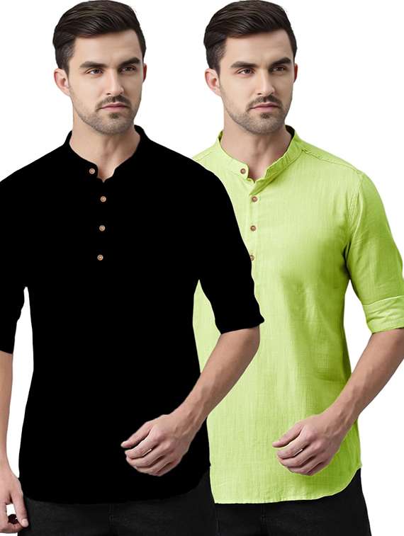 men pack of 2 solid mandarin neck short kurta