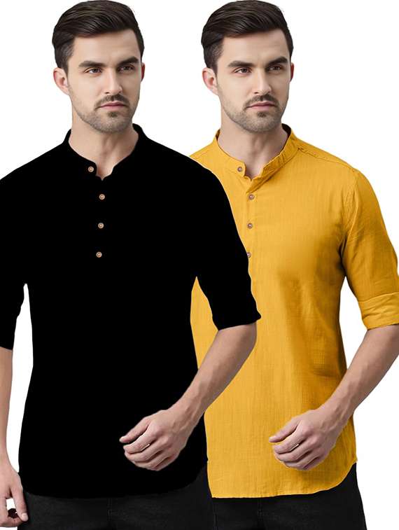 men pack of 2 solid mandarin neck short kurta
