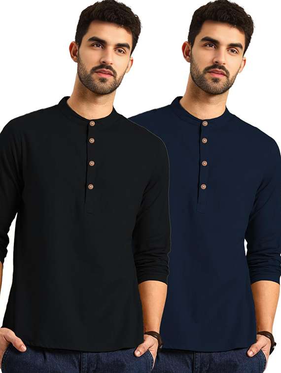 men pack of 2 solid mandarin neck short kurta
