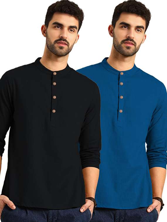 men pack of 2 solid mandarin neck short kurta