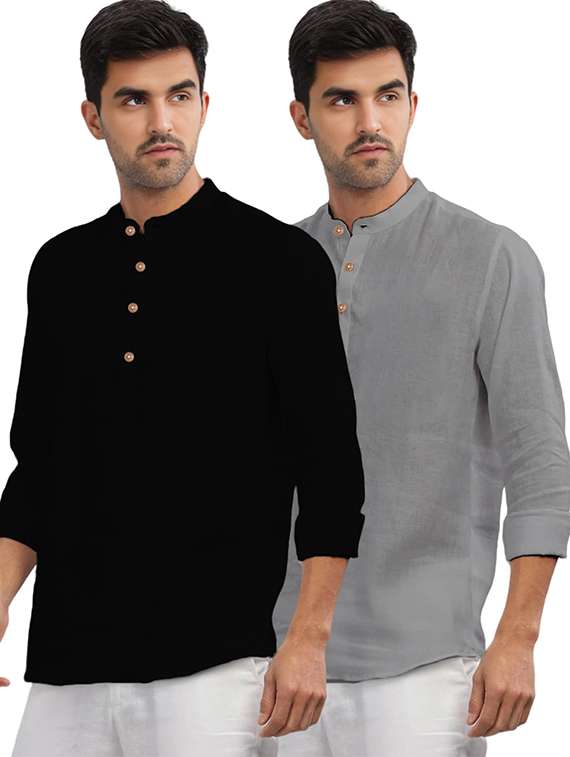 men pack of 2 solid mandarin neck short kurta