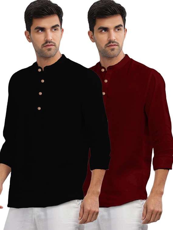men pack of 2 solid mandarin neck short kurta