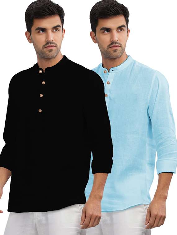 men pack of 2 solid mandarin neck short kurta