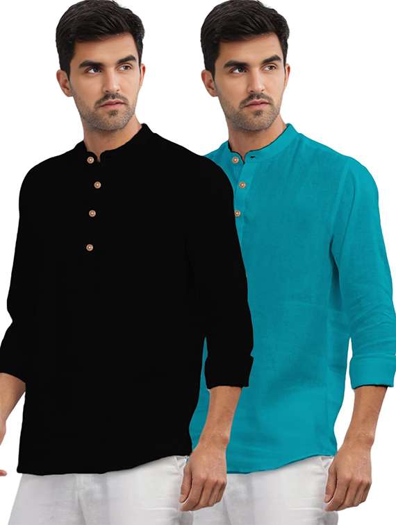 men pack of 2 solid mandarin neck short kurta