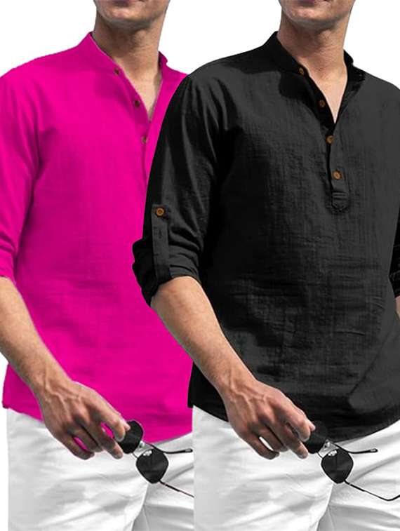 men pack of 2 solid mandarin neck short kurta