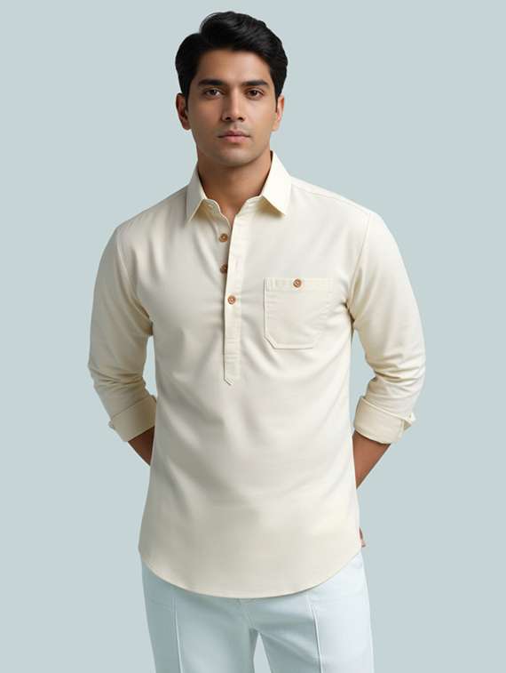 men solid long sleeve short kurta