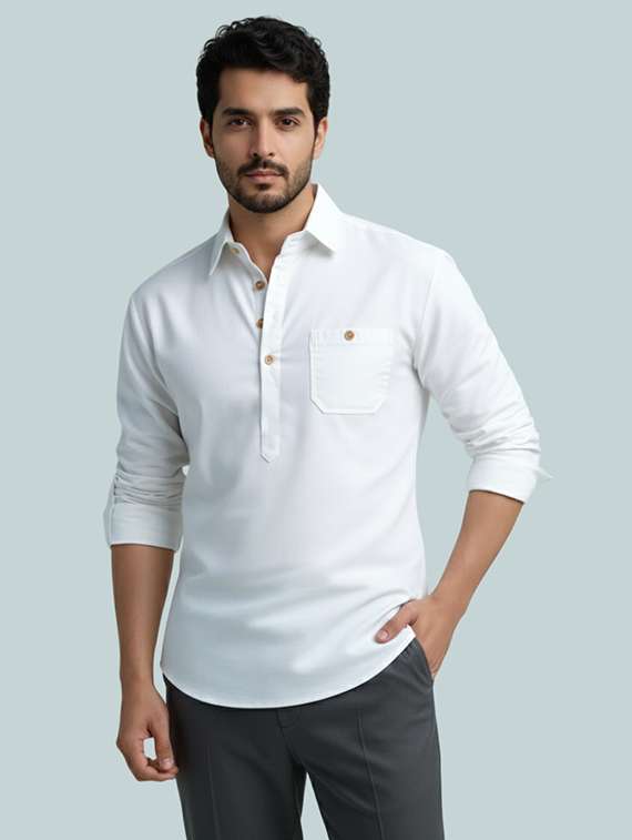 men solid long sleeve short kurta